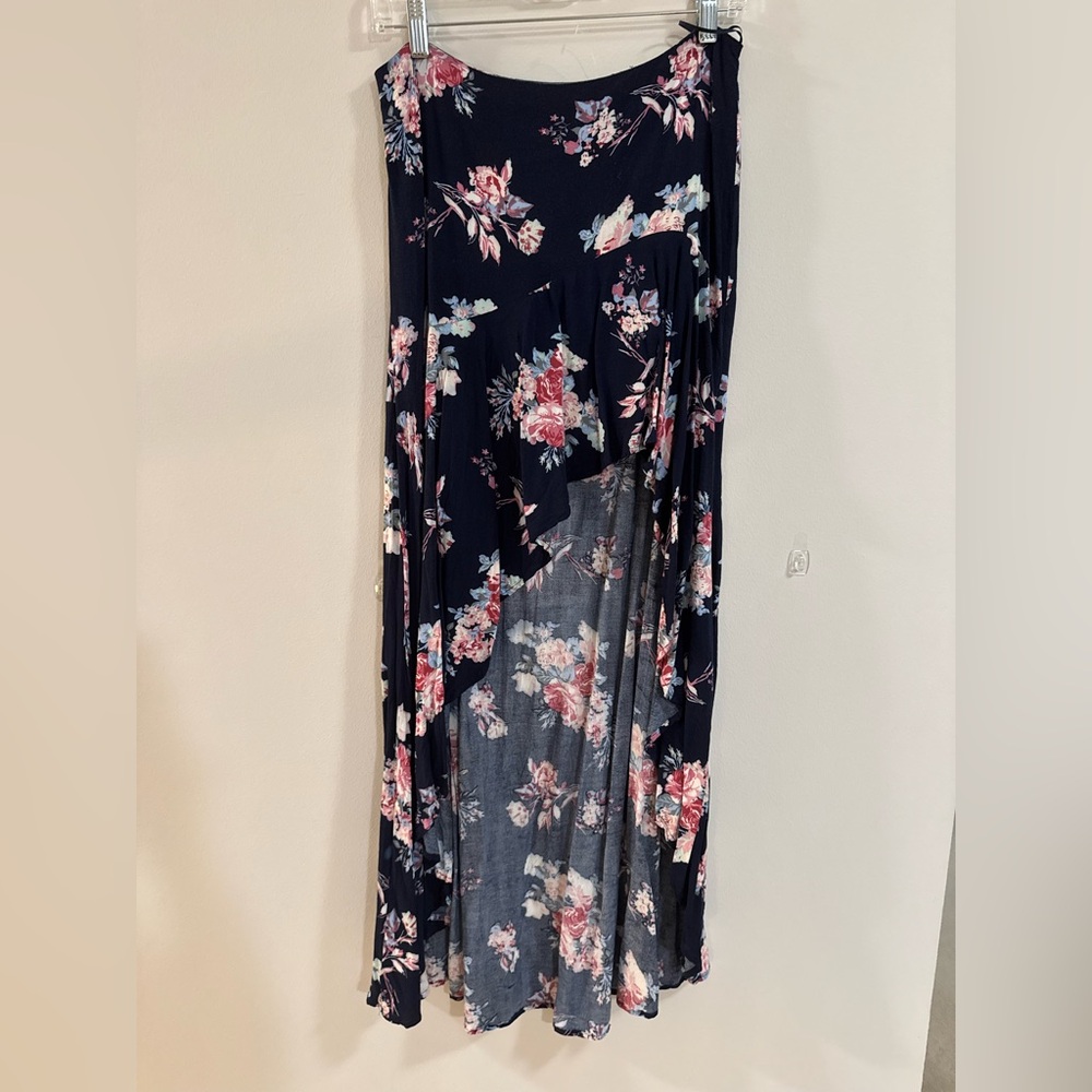 Abbeline Navy High-Low Skirt with Pink Floral Print